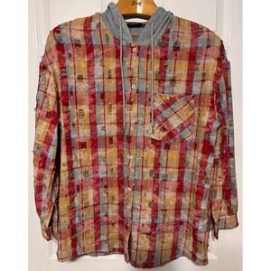 ChicMe Womens XL Distressed Plaid Hoodie Red Yellow Blue Button Down Shirt Edgy